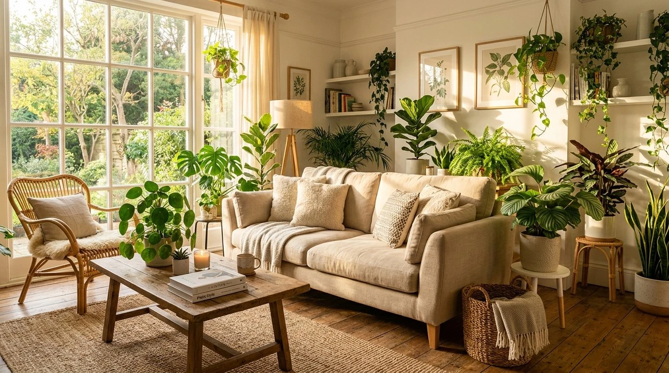 Salon lumineux aménagé avec des plantes d'intérieur et des meubles en matières naturelles