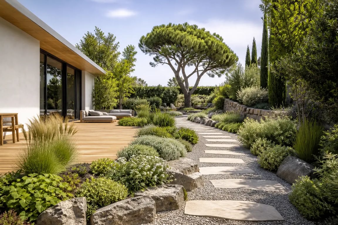 Photos aménagement jardin extérieur : terrasse en bois, allée courbe, massifs structurés et point focal dans un jardin contemporain