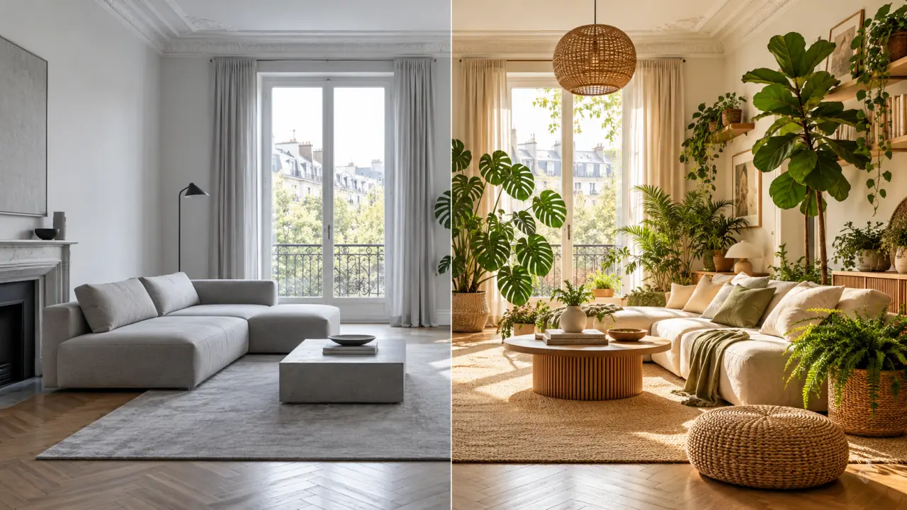 Salon chaleureux transformé par des plantes vertes et des matières naturelles