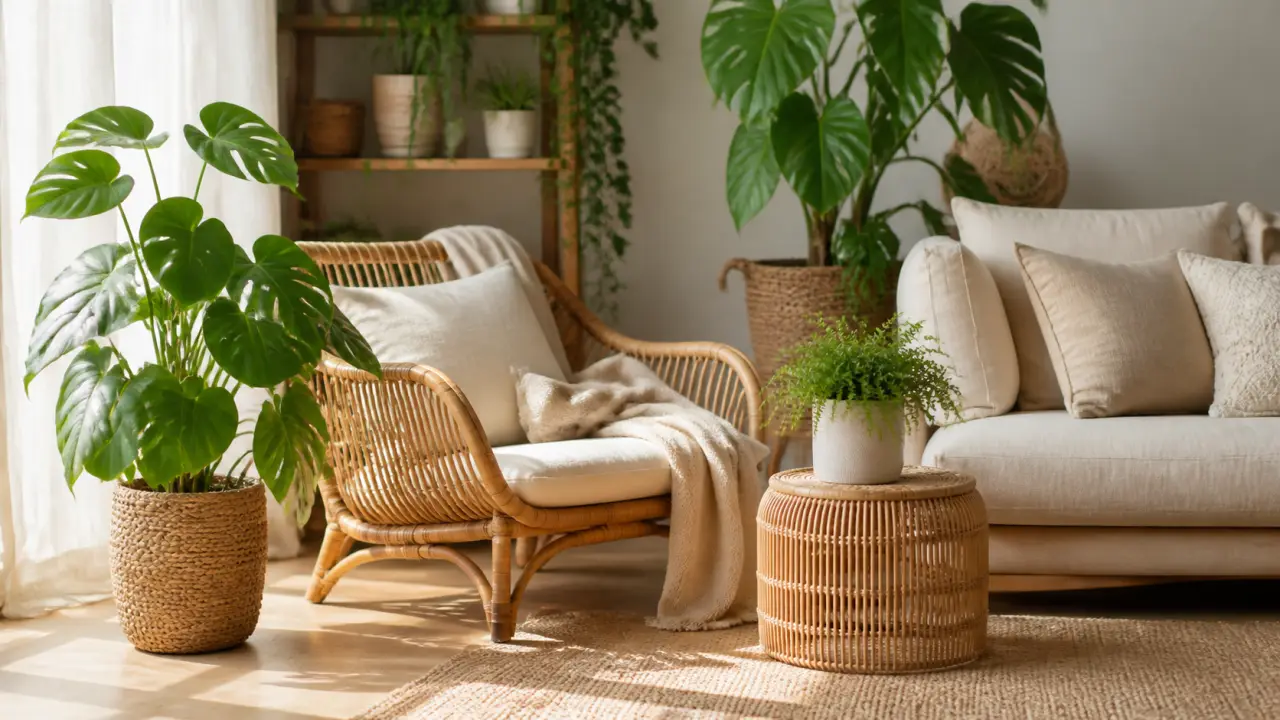 Salon cosy avec fauteuils en lin, détails en rotin et plantes d’intérieur baignés de lumière naturelle