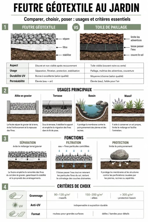 Feutre géotextile jardinage : comparaison visuelle avec toile de paillage et usages au jardin