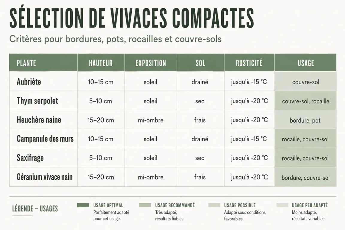 Infographie sur les plantes vivaces de petite taille selon l’exposition, le sol et l’usage