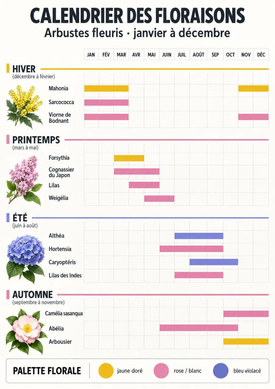 Calendrier des arbustes fleuris par saison de janvier à décembre