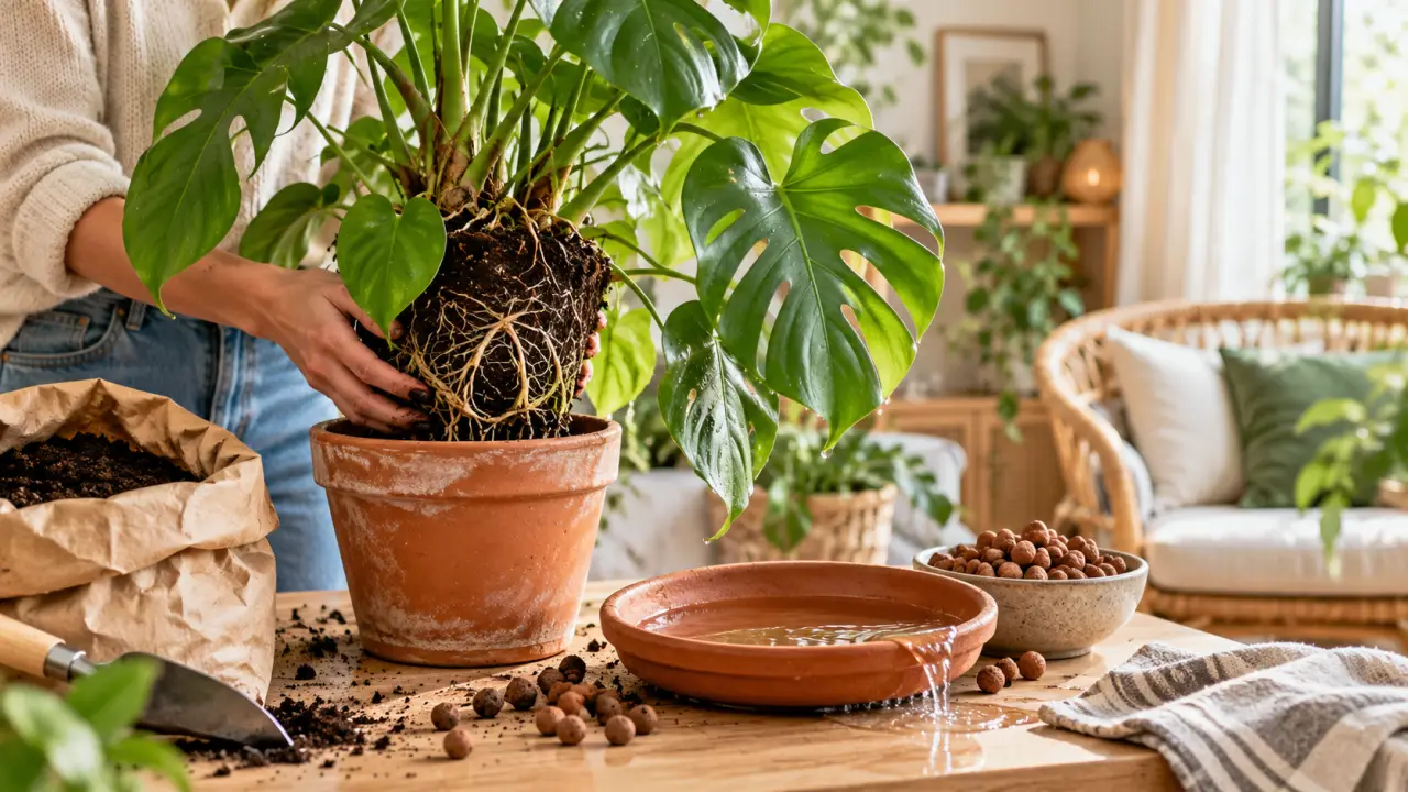 Plante d’intérieur dans un pot en terre cuite après un excès d’arrosage
