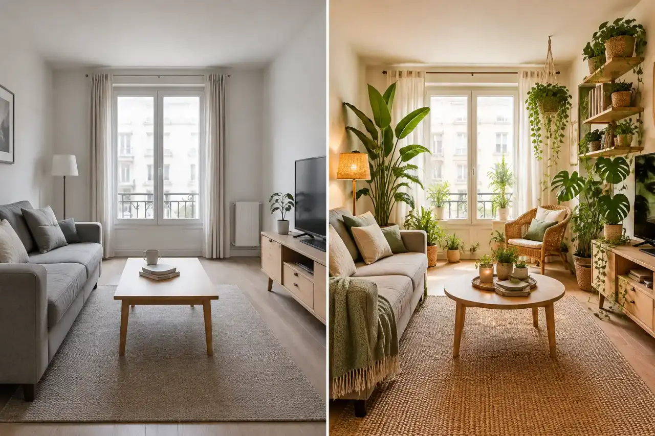 Salon chaleureux transformé par des plantes d'intérieur et des matières naturelles