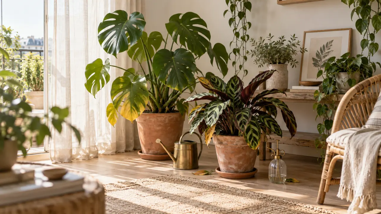 Collection de plantes d’intérieur dans un salon chaleureux aux matières naturelles