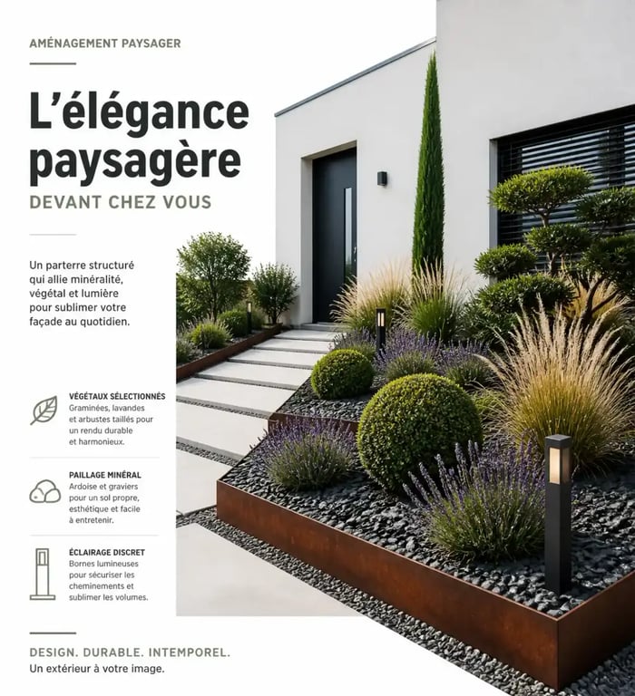 Aménagement parterre devant maison moderne avec allée, bordures et graminées