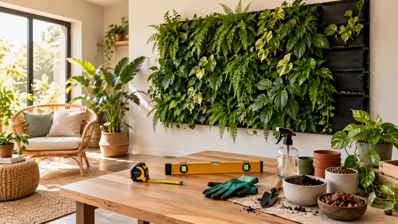 Mur végétal intérieur dans un salon chaleureux aux matières naturelles