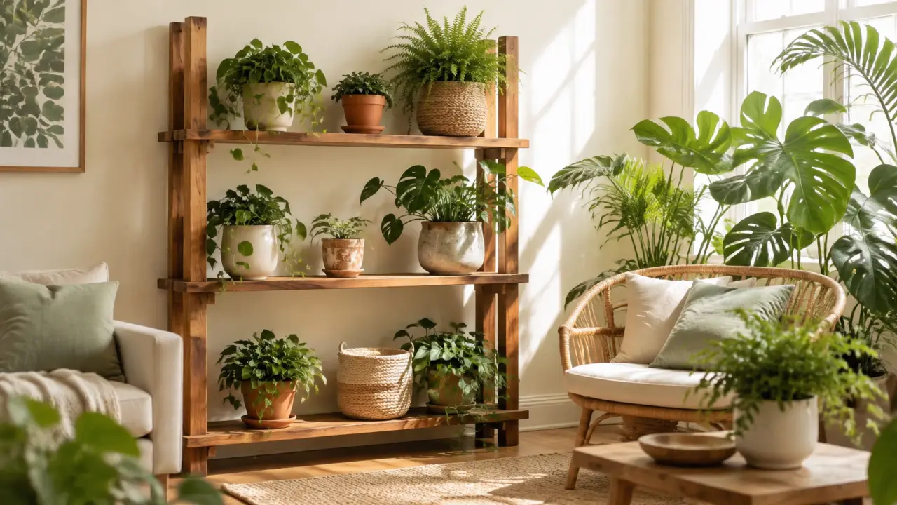 Salon lumineux avec étagère végétale, matières naturelles et plantes d'intérieur