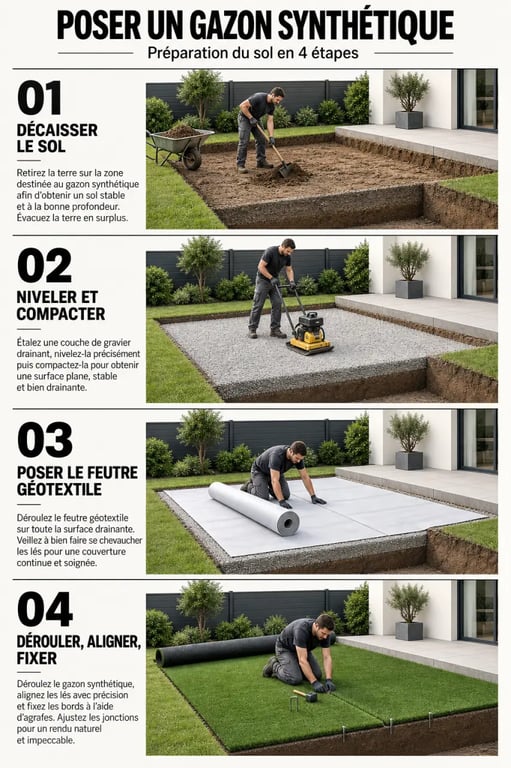 Étapes de pose d’un gazon synthétique avec préparation du sol, géotextile et fixation