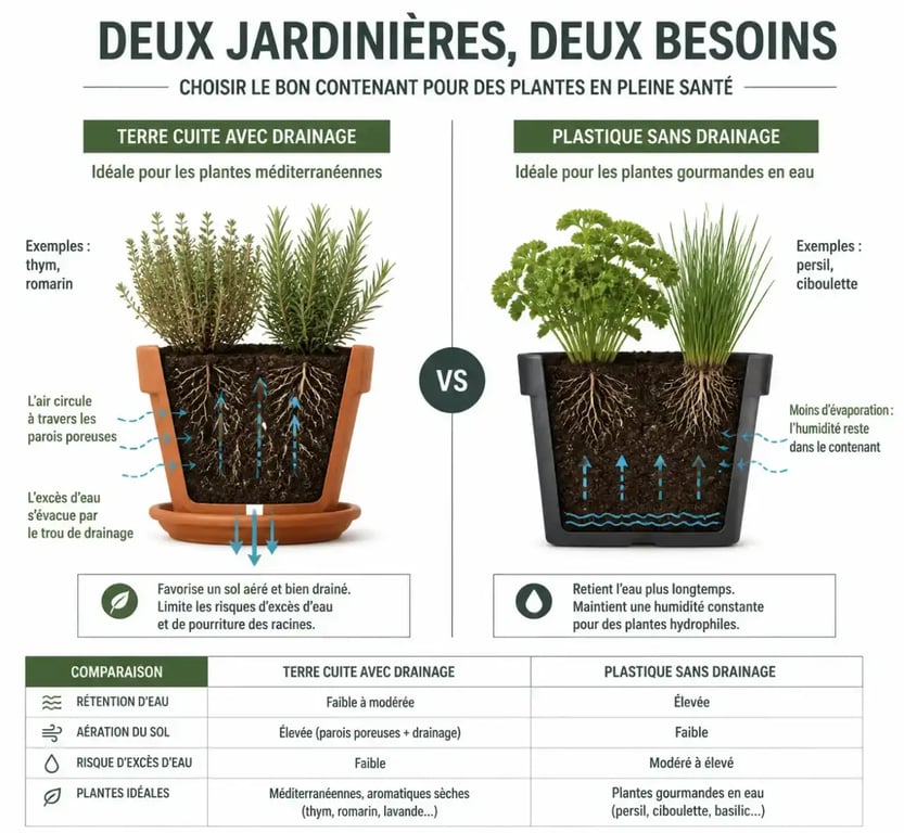 Comparaison des types de jardinières pour plantes aromatiques selon leurs besoins en eau