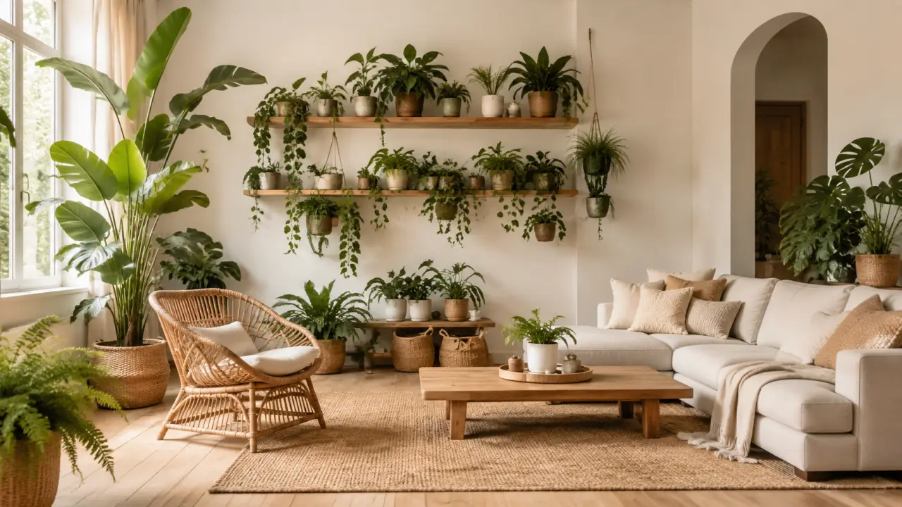 Salon lumineux décoré de plantes d'intérieur, de bois clair et de matières naturelles