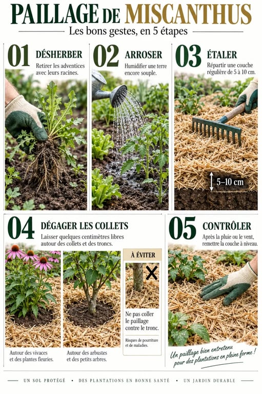 Étapes pour poser du paillage de miscanthus au potager et dans les massifs