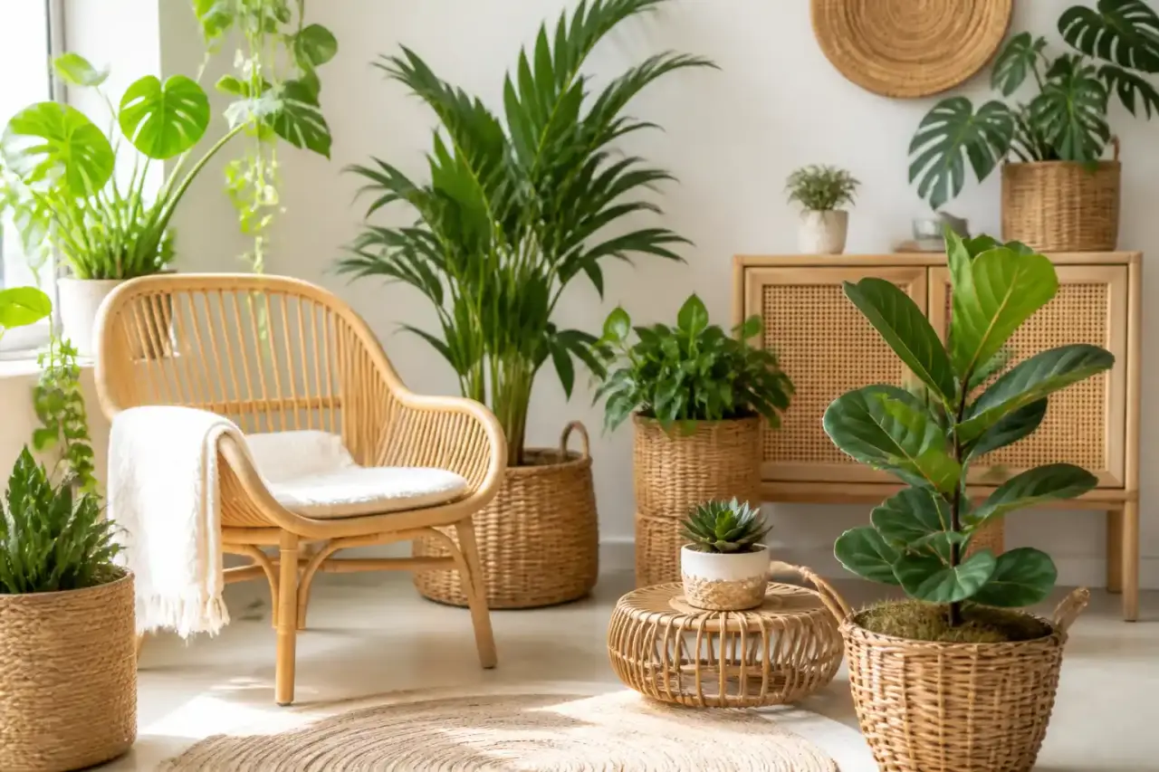 Salon chaleureux combinant rotin, bois clair et plantes d'intérieur luxuriantes