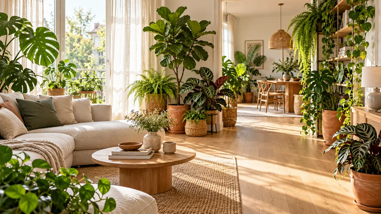 Salon chaleureux aménagé avec de nombreuses plantes d'intérieur, des pots naturels et une circulation fluide