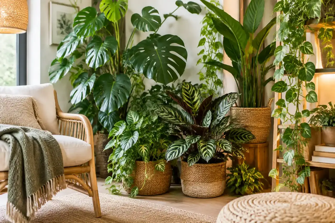 Coin jungle chaleureux avec des plantes d'intérieur dans un espace peu lumineux