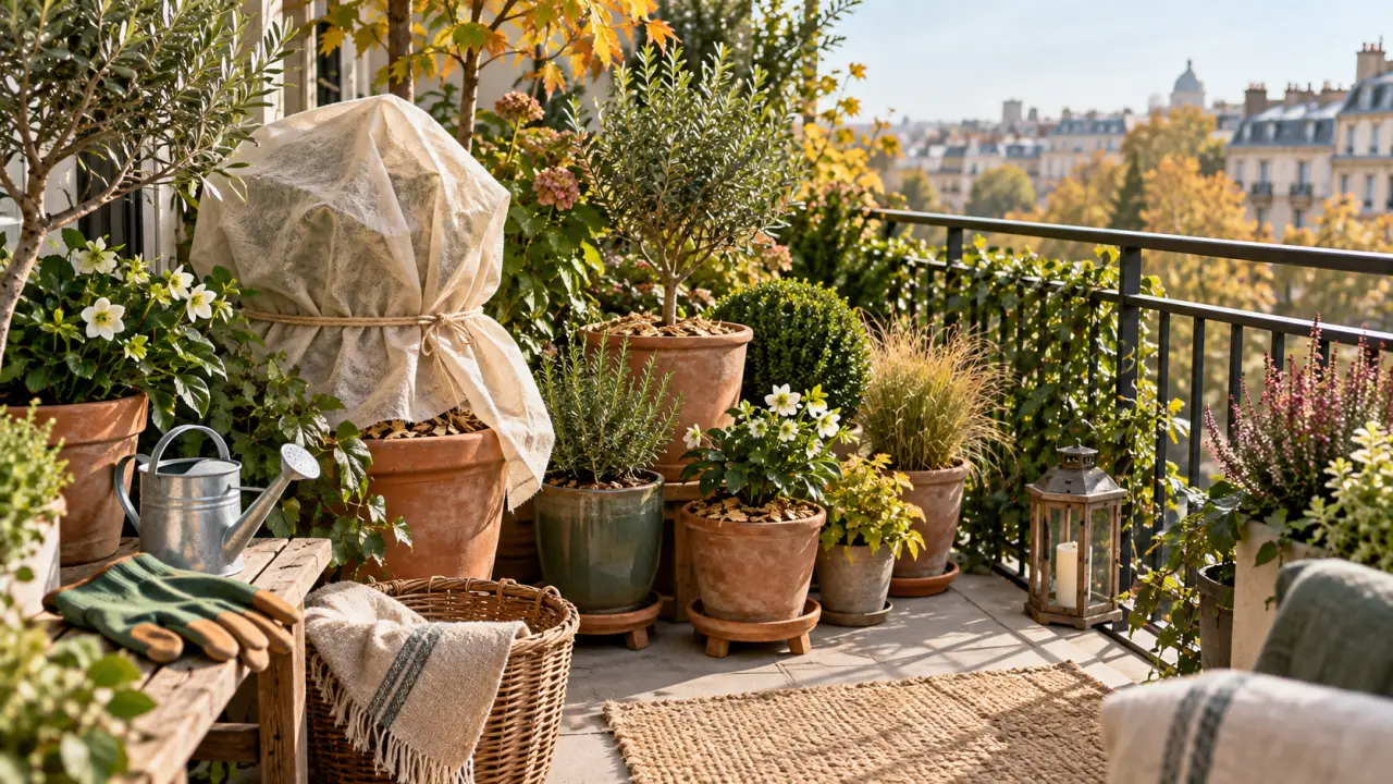 Balcon végétalisé préparé pour l’hiver avec plantes protégées et matières naturelles