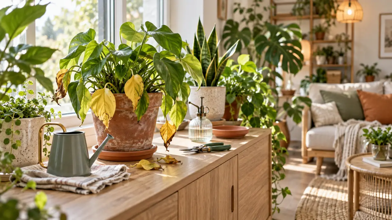 Plantes d’intérieur installées dans un salon lumineux aux matières naturelles