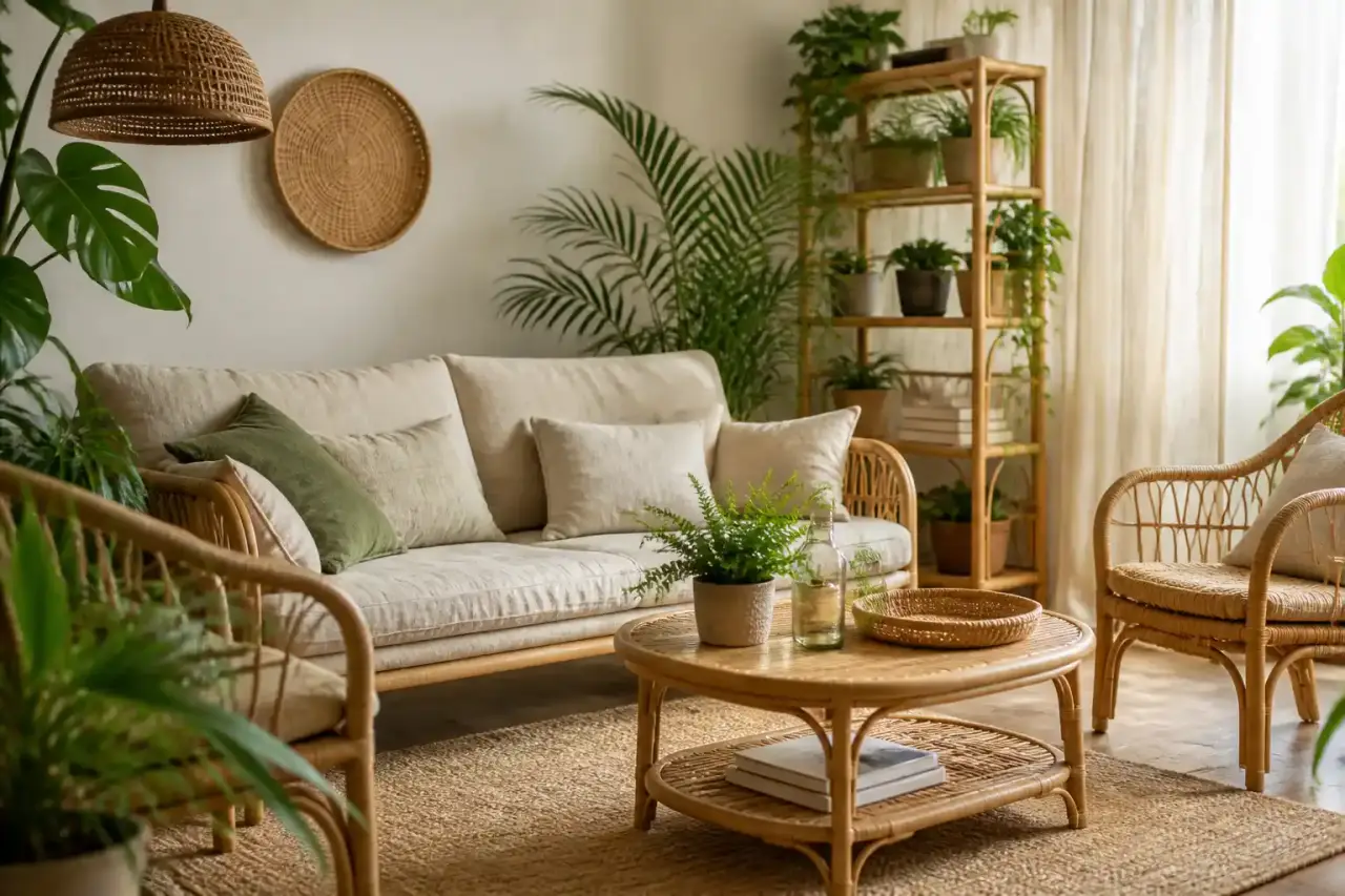 Salon lumineux en lin et rotin entouré de plantes d'intérieur